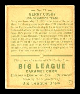 Picture, Helmar Brewing, Helmar R319 Hockey Card # 29, Gerry Cosby, In goalie crouch; USA, USA Olympics