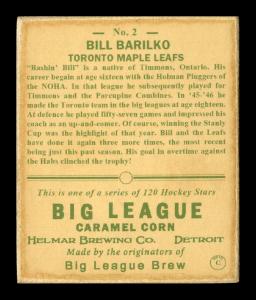 Picture, Helmar Brewing, Helmar R319 Hockey Card # 2, Bill Barilko, Sitting. Green, blue and red background, Toronto Maple Leafs