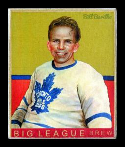 Picture, Helmar Brewing, Helmar R319 Hockey Card # 2, Bill Barilko, Sitting. Green, blue and red background, Toronto Maple Leafs