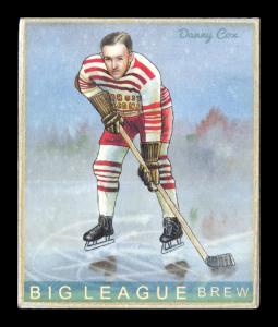 Picture, Helmar Brewing, Helmar R319 Hockey Card # 31, Danny Cox, White and red uniform, yellow letters outlined red, Detroit Falcons