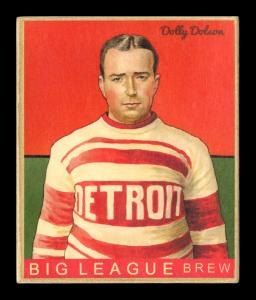 Picture, Helmar Brewing, Helmar R319 Hockey Card # 32, Dolly Dolson, Red and green background, half figure, Detroit Cougars