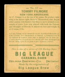 Picture, Helmar Brewing, Helmar R319 Hockey Card # 33, Tommy Filmore, Close portrait, orange background, New York Americans