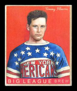 Picture, Helmar Brewing, Helmar R319 Hockey Card # 33, Tommy Filmore, Close portrait, orange background, New York Americans