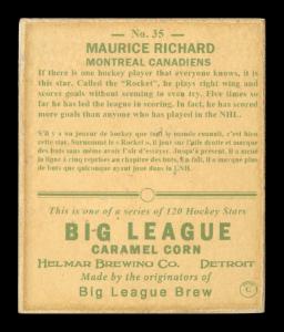 Picture, Helmar Brewing, Helmar R319 Hockey Card # 35, Maurice RICHARD, Spraying ice chips, blue background, Montreal Canadiens