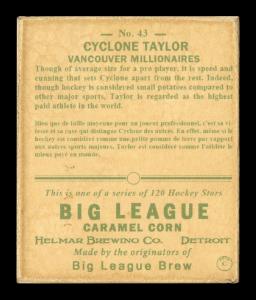 Picture, Helmar Brewing, Helmar R319 Hockey Card # 43, Cyclone TAYLOR, Knees up, stripes, elbow on stick blade, Vancouver Millionaires