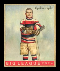 Picture, Helmar Brewing, Helmar R319 Hockey Card # 43, Cyclone TAYLOR, Knees up, stripes, elbow on stick blade, Vancouver Millionaires