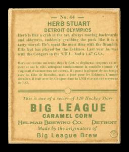 Picture, Helmar Brewing, Helmar R319 Hockey Card # 44, Herb Stuart, Navy background, belt up, red cap, Detroit Olympics