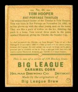 Picture, Helmar Brewing, Helmar R319 Hockey Card # 46, Tom HOOPER, White sweater; thistle, green background, Rat Portage Thistles