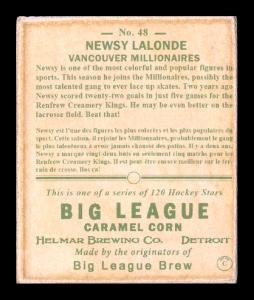 Picture, Helmar Brewing, Helmar R319 Hockey Card # 48, Newsy LALONDE, V on chest; yellow background, Vancouver Millionaires