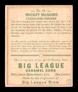 Picture, Helmar Brewing, Helmar R319 Hockey Card # 50, Mickey McGuire, full body, Indian on chest, Cleveland Indians