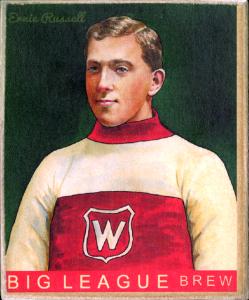 Picture, Helmar Brewing, Helmar R319 Hockey Card # 53, Ernie RUSSELL, Half portrait, white/red sweater, 
