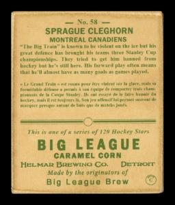 Picture, Helmar Brewing, Helmar R319 Hockey Card # 58, Sprague CLEGHORN, Stick in his right, Montreal Canadiens