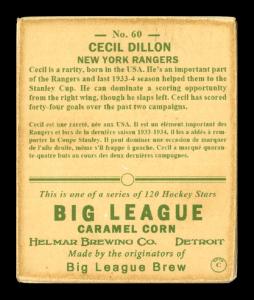 Picture, Helmar Brewing, Helmar R319 Hockey Card # 60, Cecil Dillon, stick in front, New York Rangers