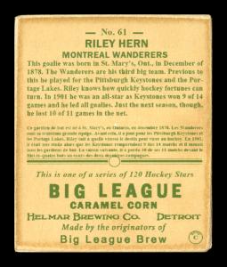 Picture, Helmar Brewing, Helmar R319 Hockey Card # 61, Riley HERN, Belt up portrait, Montreal Wanderers
