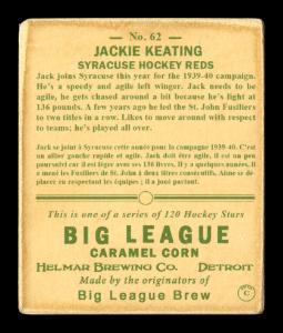 Picture, Helmar Brewing, Helmar R319 Hockey Card # 62, John Keating, leaning over puck, Syracuse Hockey Reds