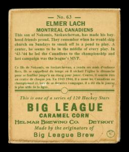 Picture, Helmar Brewing, Helmar R319 Hockey Card # 63, Elmer LACH, Yellow background, Montreal Canadiens