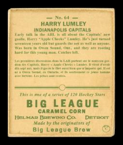 Picture, Helmar Brewing, Helmar R319 Hockey Card # 64, Harry Lumley, Capitol on blue uniform, Indianapolis Capitols