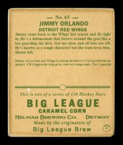 Picture, Helmar Brewing, Helmar R319 Hockey Card # 65, Jimmy Orlando, Stick up, Detroit Red Wings
