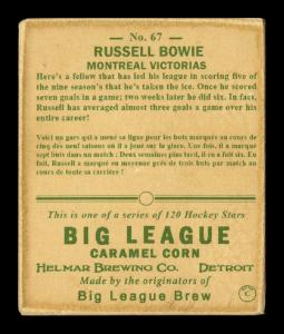 Picture, Helmar Brewing, Helmar R319 Hockey Card # 67, Russell BOWIE, White 