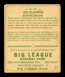 Picture, Helmar Brewing, Helmar R319 Hockey Card # 68, Dit CLAPPER, Broad smile, leaning over stick, Boston Bruins