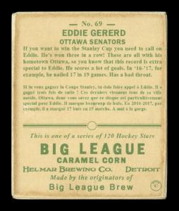 Picture, Helmar Brewing, Helmar R319 Hockey Card # 69, Eddie GERARD, Chest up, green-yellow background, Ottawa Senators