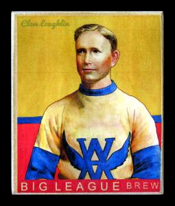 Picture, Helmar Brewing, Helmar R319 Hockey Card # 6, Clem Loughlin, Yellow, blue and red background, Winnipeg Monarchs
