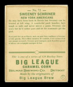 Picture, Helmar Brewing, Helmar R319 Hockey Card # 72, Sweenie Schriner, Full figure leaning over stick, New York Americans