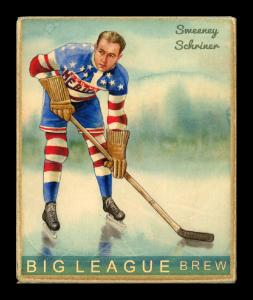 Picture, Helmar Brewing, Helmar R319 Hockey Card # 72, Sweenie Schriner, Full figure leaning over stick, New York Americans