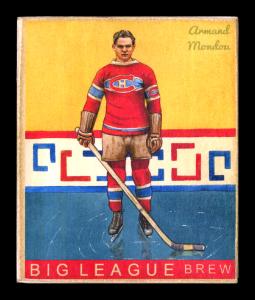 Picture, Helmar Brewing, Helmar R319 Hockey Card # 7, Armand Mondou, Yellow background past boards, Montreal Canadiens