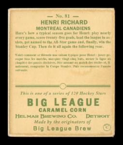 Picture, Helmar Brewing, Helmar R319 Hockey Card # 81, Henri RICHARD, Skating toward viewer, Montreal Canadiens