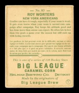 Picture, Helmar Brewing, Helmar R319 Hockey Card # 83, Roy WORTERS, Standing in gear, New York Americans