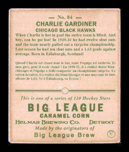 Picture, Helmar Brewing, Helmar R319 Hockey Card # 84, Charlie GARDINER, defensive position, Chicago Black Hawks