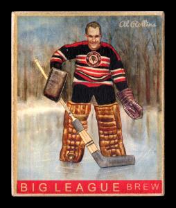 Picture, Helmar Brewing, Helmar R319 Hockey Card # 8, Al Rollins, Smiling, trees, Chicago Black Hawks
