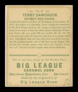 Picture, Helmar Brewing, Helmar R319 Hockey Card # 9, Terry SAWCHUCK, Portrait, green background, Detroit Red Wings