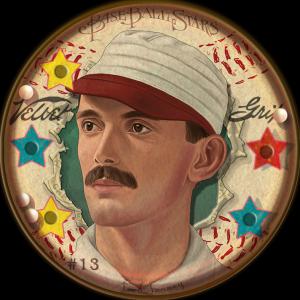 Picture, Helmar Brewing, Helmar Score 5! Baseball Heads Card # 13, Fred Tenney, Dexterity hand puzzle. Front: mustache, white cap, red bill, Boston Beaneaters