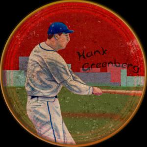 Picture, Helmar Brewing, Helmar Score 5! Baseball Heads Card # 19, Hank GREENBERG (HOF), Dexterity hand puzzle. Back: red, figure swinging, Detroit Tigers