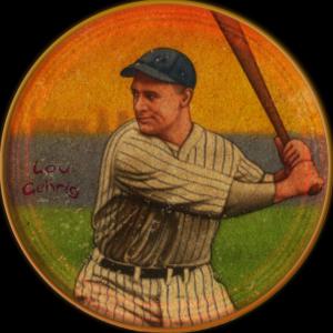 Picture, Helmar Brewing, Helmar Score 5! Baseball Heads Card # 46, Lou GEHRIG, Dexterity hand puzzle. Yellow sky, full figure batting stance, New York Yankees