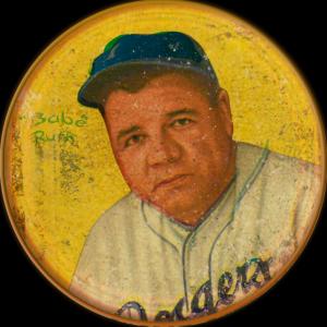 Picture, Helmar Brewing, Helmar Score 5! Baseball Heads Card # 7, Babe RUTH (HOF), Dexterity hand puzzle. Back: yellow, blue cap, Brooklyn Dodgers