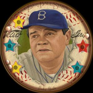 Picture, Helmar Brewing, Helmar Score 5! Baseball Heads Card # 7, Babe RUTH (HOF), Dexterity hand puzzle. Back: yellow, blue cap, Brooklyn Dodgers