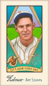 Picture of Helmar Brewing Baseball Card of Mel OTT, card number 502 from series Helmar Stamps