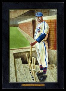 Picture, Helmar Brewing, Helmar T4 Card # 47, Phil Cavarretta, Standing in dugout; one hand on bat, Chicago Cubs