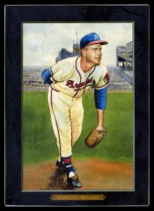 Picture, Helmar Brewing, Helmar T4 Card # 50, Lew Burdette, Leaning forward to read signal, Milwaukee Braves