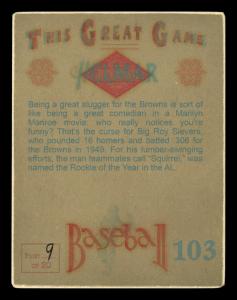 Picture, Helmar Brewing, Helmar This Great Game Card # 103, Sievers, Roy, Reaching, St. Louis Browns