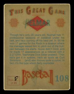 Picture, Helmar Brewing, Helmar This Great Game Card # 108, Joe Nuxhall, Slump shoulders; reading sign, Cincinnati Reds