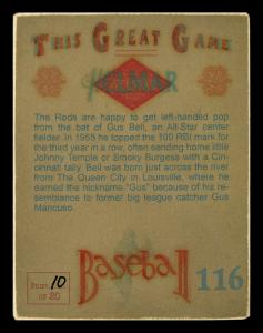 Picture, Helmar Brewing, Helmar This Great Game Card # 116, Gus Bell, Reaching out of frame, Cincinnati Reds