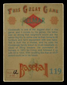 Picture, Helmar Brewing, Helmar This Great Game Card # 119, Ted Kluszewski, blue buildings, Cincinnati Reds