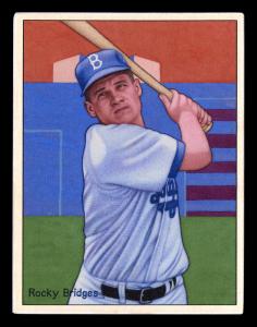 Picture, Helmar Brewing, Helmar This Great Game Card # 124, Rocky Bridges, blue buildings, Brooklyn Dodgers