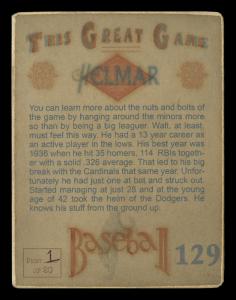 Picture, Helmar Brewing, Helmar This Great Game Card # 129, Walter ALSTON, Edge of dugout, Brooklyn Dodgers