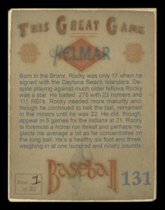 Picture, Helmar Brewing, Helmar This Great Game Card # 131, Rocky Colavito, Mitt at shoulder, hand inside, Cleveland Indians