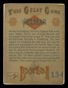 Picture, Helmar Brewing, Helmar This Great Game Card # 134, Whitey HERZOG, Close batting stance, toward viewer, Kansas City Athletics